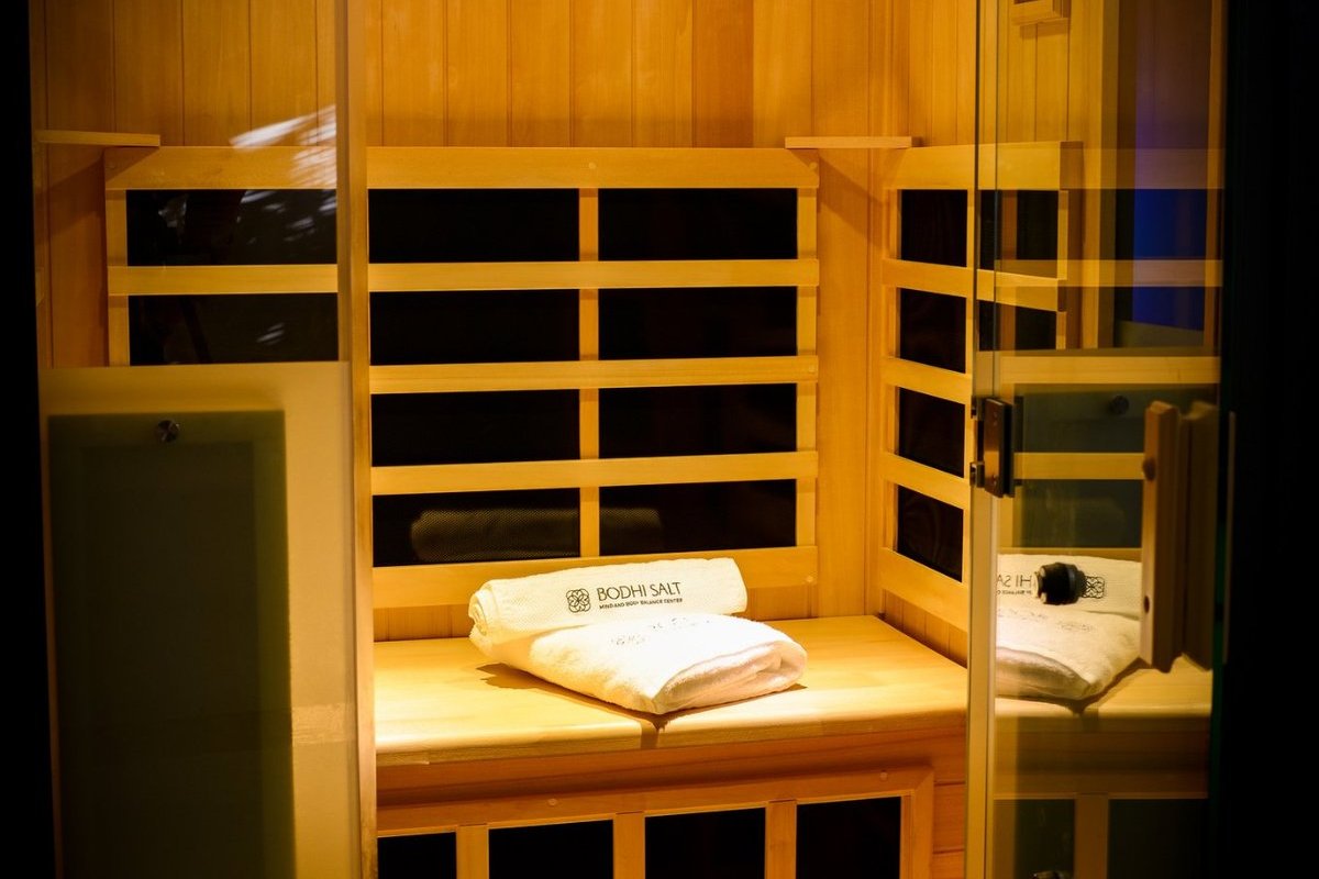 Infrared salt sauna interior with Bodhi Salt branded towel